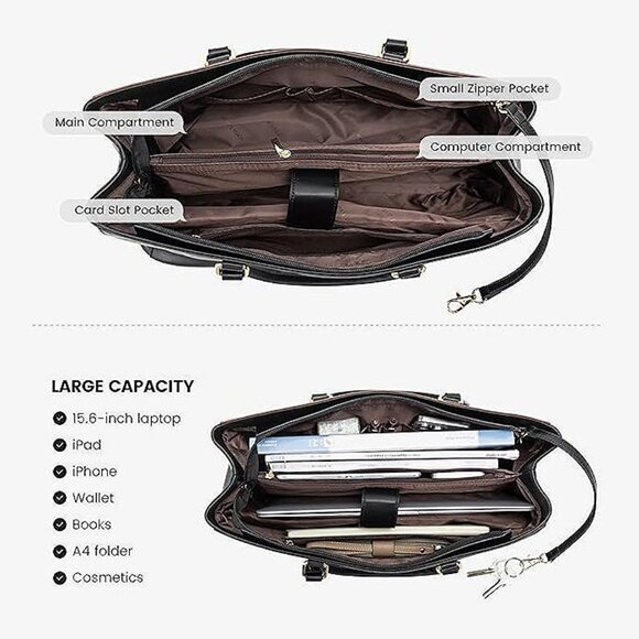 Laptop Tote Bag for Women, Office Work Bag Briefcase fit Black/Brown - Picture 4 of 7